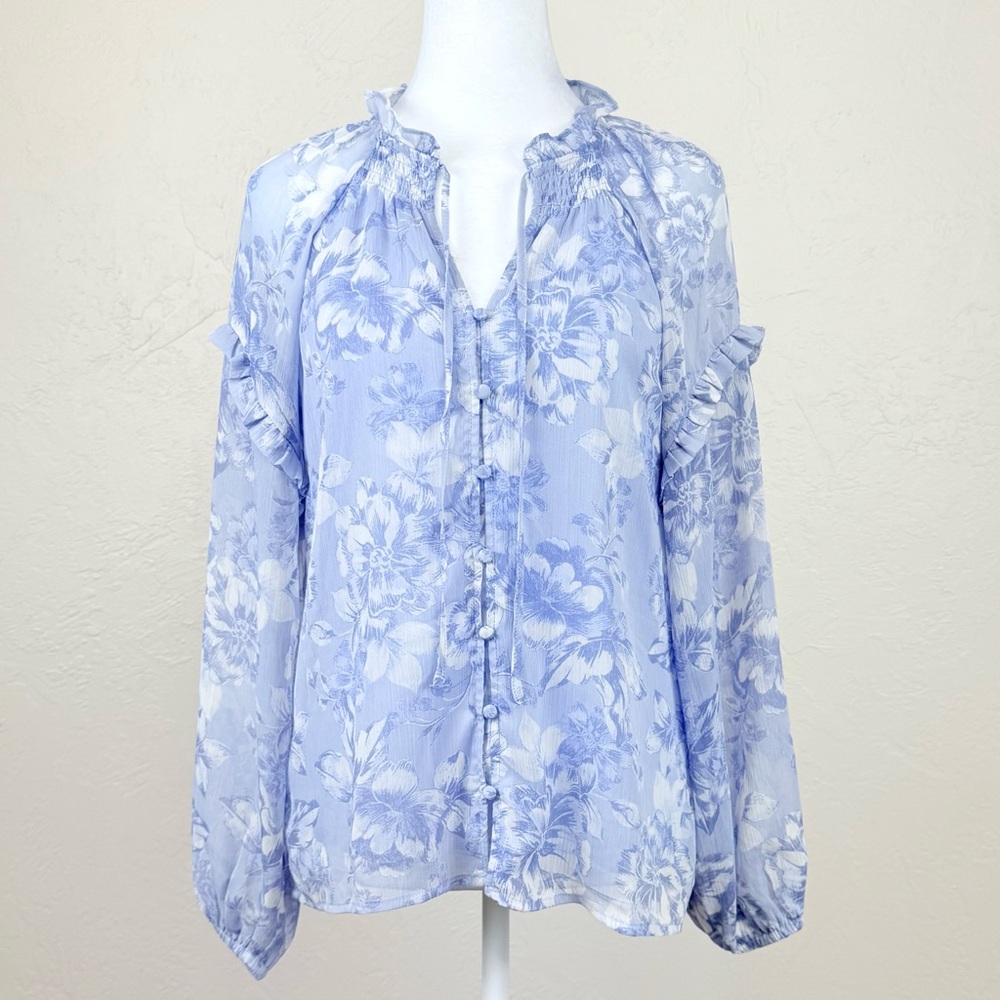 NWT Joie Floral Periwinkle Light Blue Chiffon Button Front Split Neck Blouse S